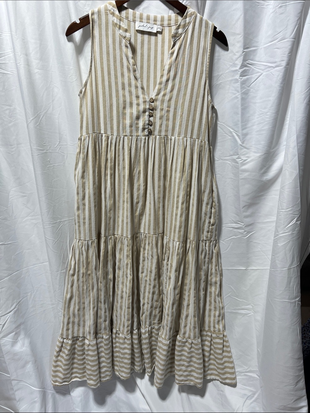 Petal & Pup Beige and Cream Striped Midi Tiered Dress